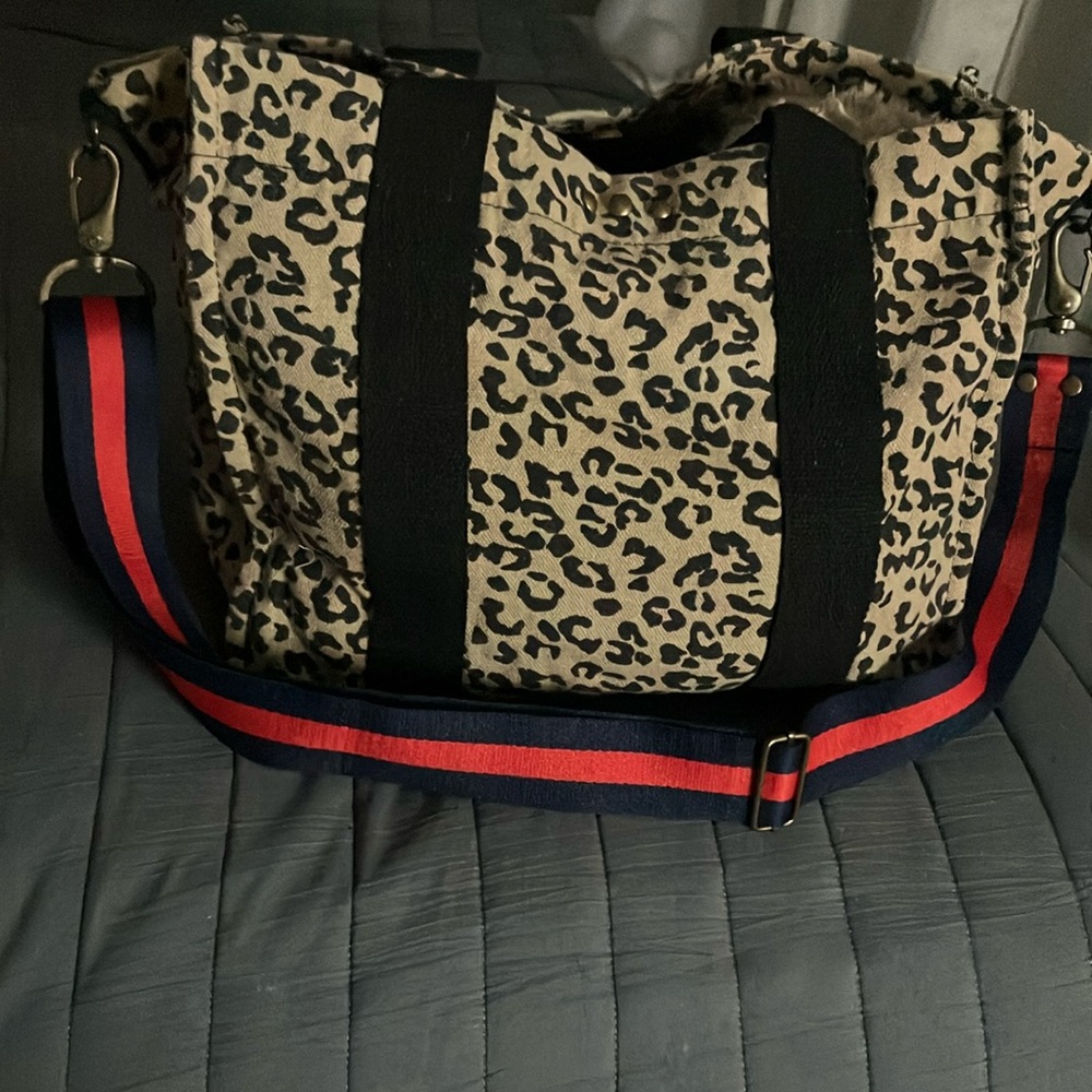 Leopard Print Tote Bag with Red and Blue Strap
